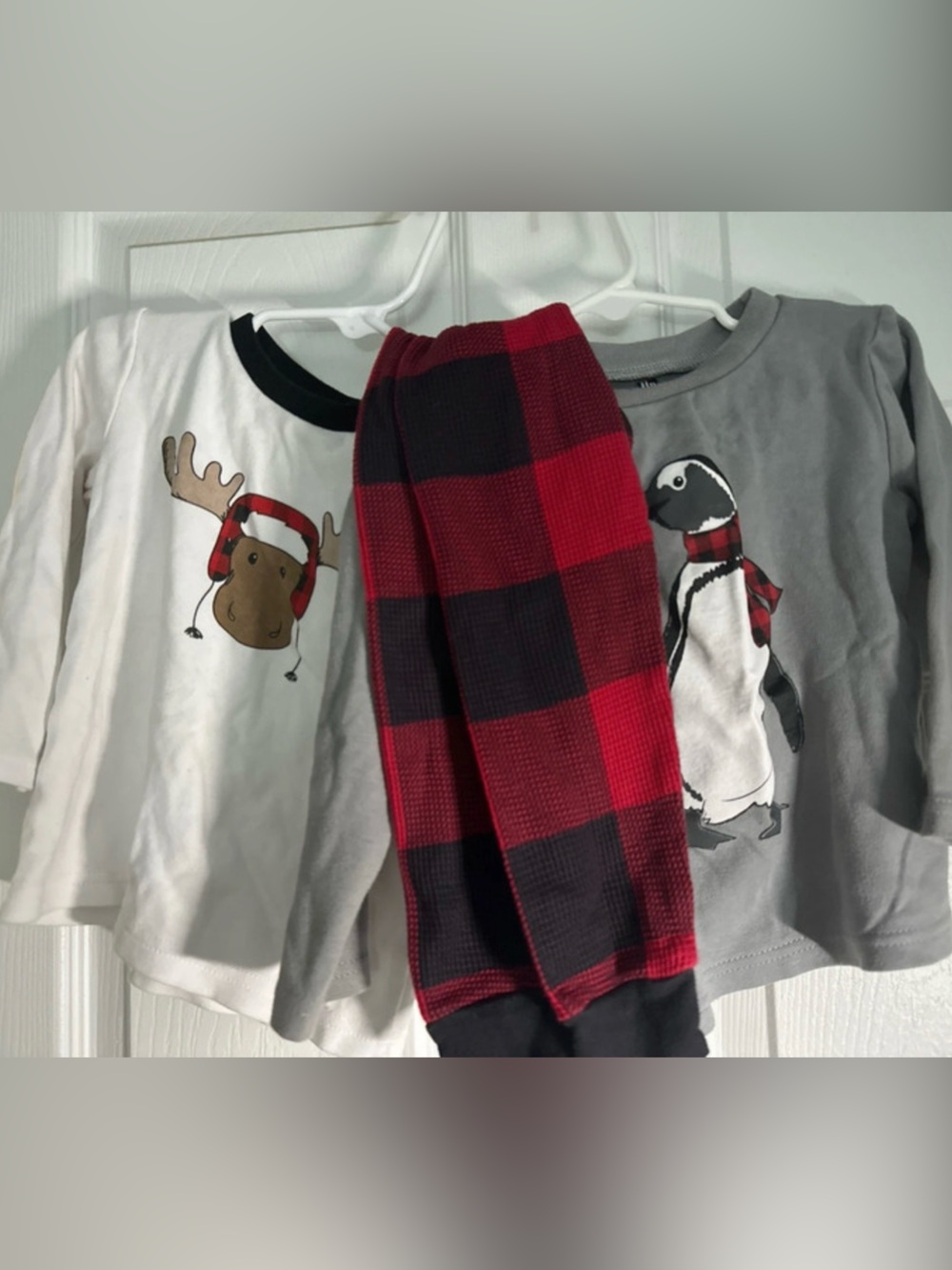 Kids Long Sleeve Holiday Graphic Top and Plaid Pants Set - Red, Gray